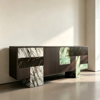 Meuble de salon de villa de luxe moderne, bar à vin, placard à vin, placage marbre, panneau multicouche en pierre, 3 portes, 3 tiroirs, mobilier de maison