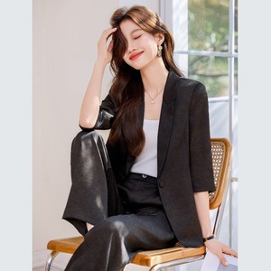 Women's Black Suit Set Summer Thin Style Three Quarter Sleeve Satin Professional Attire Breathable Elegant - Product Image 1