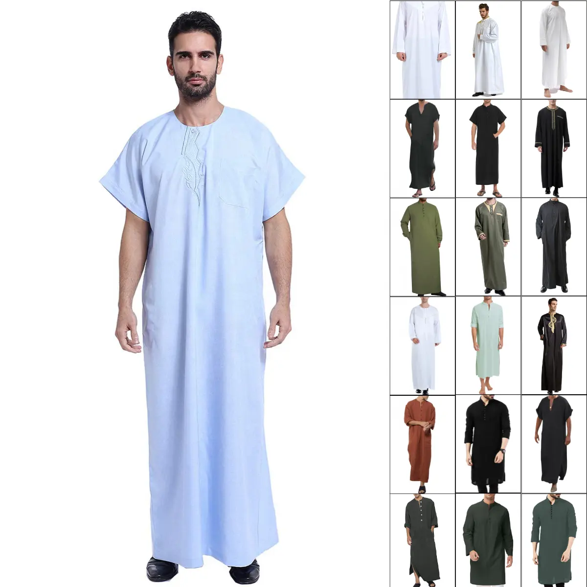 Bata árabe para hombre, marca Khal, manga larga, Material de poliéster, Thobe blanco con pantalones para musulmanes