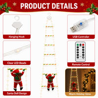 Lumières de Noël en forme de père Noël grimpant sur une échelle, avec une longueur de suspension de 1,7 m, télécommande USB et éclairage LED chaud