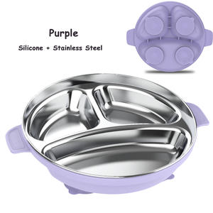 Assiette en silicone et acier inoxydable, ronde compartimentée en acier inoxydable 304, vaisselle pour enfants, vaisselle à ventouse pour bébé - Product Image 6