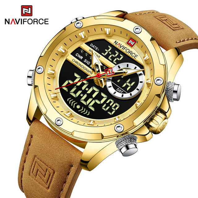 NAVIFORCE 9208 Luxury Watches Mens Gold Watch Original Manufacturers Relogio Masculino Cronografos Alarm Digital Wrist Watch