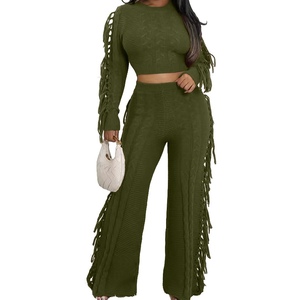 Nouvel ensemble 2 pièces pour femme, pull en tricot uni à manches longues et col rond, pantalon à franges, automne/hiver, tendance - Product Image 4