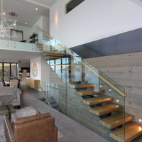 Escaliers Flottants Intérieurs Préfabriqués Modernes de Luxe, Cantilever, avec Support Mural Dissimulé, Marches en Bois et Balustrade en Acier Inoxydable