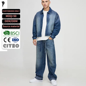Custom 2 Piece Men's Jeans Set Washed Oversized Boxy Fit <b>Rhinestone</b> Denim <b>Jacket</b> Set - Product Image 1