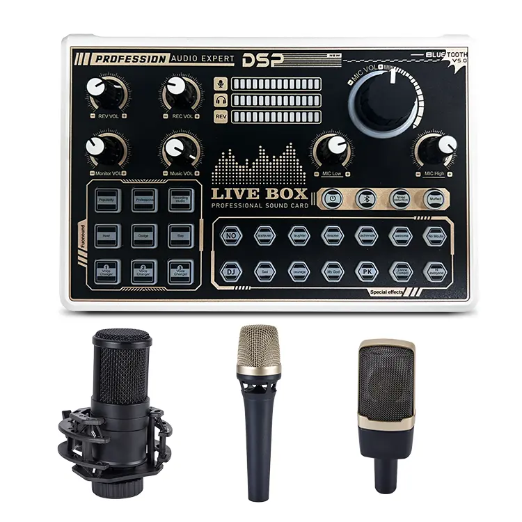 Huayi Giọng Nói V9 Mic Âm Thanh Mixer Chuyên Nghiệp Podcast Studio Thiết Bị Kit Dòng Sống Card Âm Thanh Với Condenser Microphone