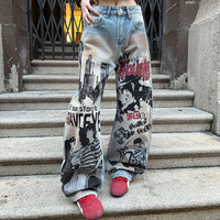 Pantalon long ample et délavé style vintage avec imprimé personnage anime American High Street, coupe courbée en denim tendance
