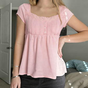 Jacquard Knit Solid Color T-<b>Shirt</b> Lace Patchwork Square Neck Short Sleeve Babydoll Blouse Slimming Flattering Top - Product Image 2