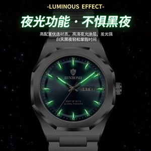 Binbond Men's Quartz Watch Stainless Steel Band Blue Dial Day Date Calendar Waterproof Luminous Analog Watch For Business - Product Image 5