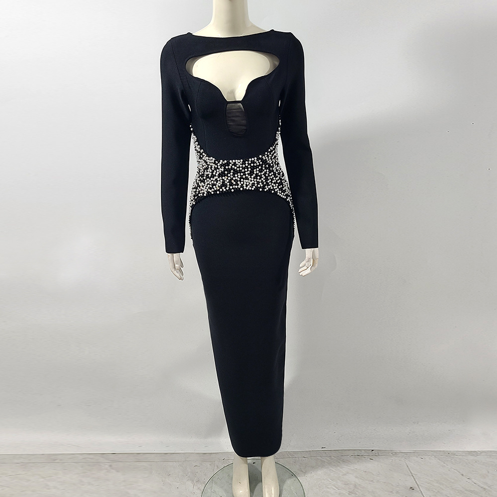 green bodycon long dress Green Satin Beaded Long Dress With Flattering Deep-V Back main image 0
