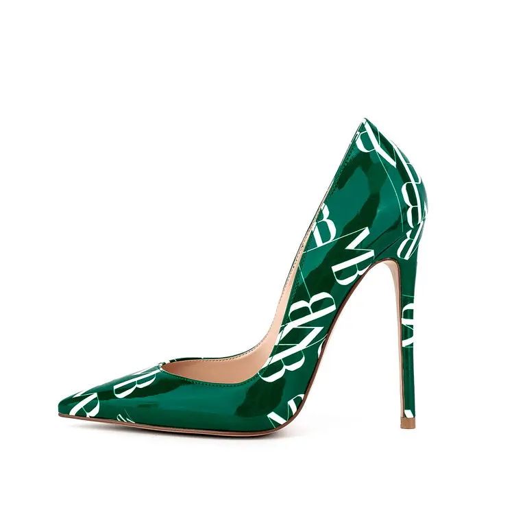 Fashion new green patent leather splicing pointed toe stiletto high heels sexy shallow soft leather women's single shoes 12cm