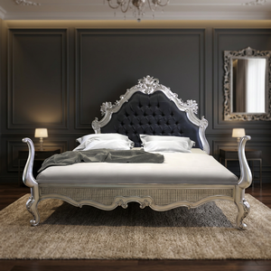 Cama Diván de Lujo Estilo Francés, Tamaño Queen, Madera de Caoba Sólida, Tapizada en Terciopelo, Acabado Plateado, para Dormitorio - Product Image 3