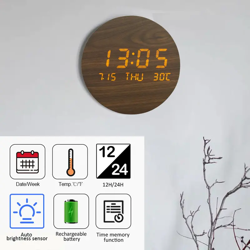Digital Wall Led Clock EMAF Korea Style Rechargeable Battery Wood Wall Clock 30 Days Working Time Calendar Temperature Wireless Digital LED Wall Clock