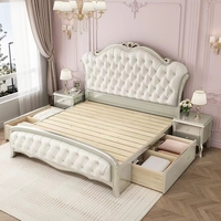 Lit Queen-Size en Bois Massif Style Américain Luxe Léger, Designs Sculptés Français et Européens, Lit de Mariage Cupidon pour Jeunes Mariés, Multifonctionnel