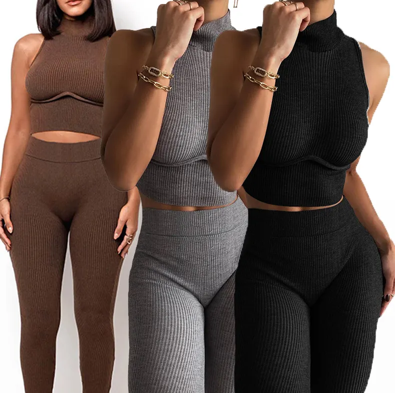 Groothandel mode aangepaste kleding designer lounge luxe gym kleding joggers bruin 2 tweedelige broek set voor vrouwen