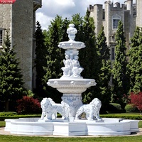 Fontaine YOUFINE sur mesure, grande, à deux niveaux, en marbre blanc, avec statue de lion marchant, pour l'entrée de villa ou de manoir, aménagement paysager
