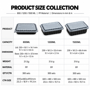 Contenedor de Alimentos Desechable Apto para Microondas, de PP, 1200 ml, Rectangular Negro, con Tapa, Caja de Plástico para Preparación de Comidas, Plato Bento para Llevar - Product Image 5
