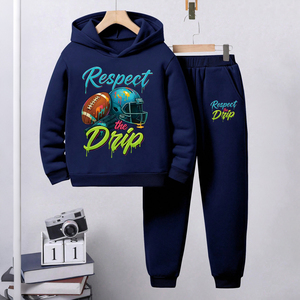 Ensemble de vêtements <span class=keywords><strong>bleu</strong></span> roi pour garçons adolescents, sweat à capuche imprimé dessin animé et pantalon de jogging ample, tenue thermique d'extérieur pour enfants, personnalisable - Product Image 1