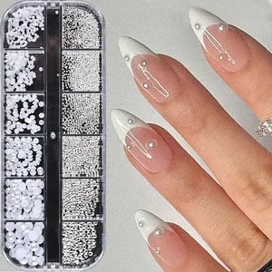 12 Rejillas de Decoración de Uñas con Perlas Blancas Semiredondas, Bolas de Acero Mini de Plata y Oro de Tamaños Variados, Remaches y Pedrería para Uñas - Product Image 1