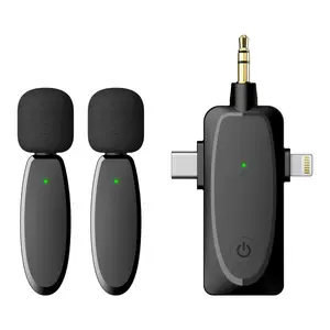 OEM Factory Clip on Mic Wireless Portable 3 in 1 receiver Dual Mic Lavalier Wireless Microphone for smart phone laptop camera