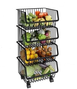 4 Tier Stackable Kitchen Storage Basket Metal Wire Rolling Utility Cart Rack Muti-layer Movable Storage Rack