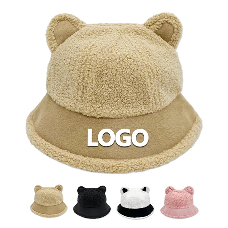 Custom Logo Cute Bear Fuzzy Winter Hats Lovely Thickness Warm Furry Fur Bucket Hat