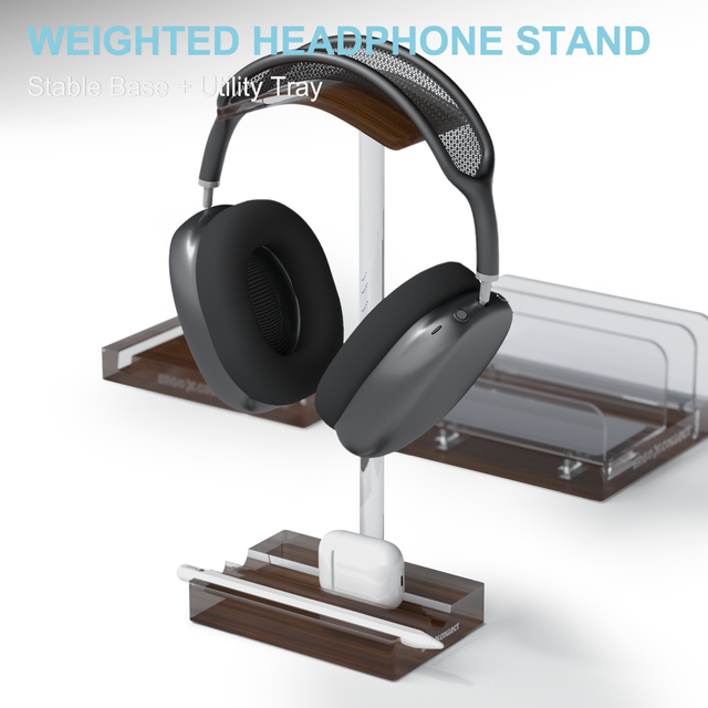 3-in-1 Acrylic Walnut Desk Organizer: Vertical 2-Laptop+Controller Holder, Headphone Stand Tray, Dual Phone/Tablet Holder