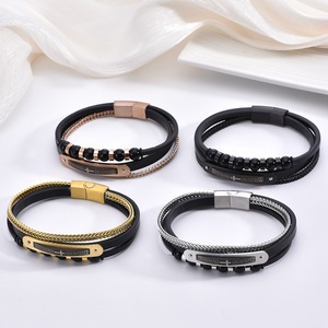 Pulsera de Cuero con Cruz y <span class=keywords><strong>Patrón</strong></span> de la <span class=keywords><strong>Gran</strong></span> Muralla China, de Acero Inoxidable, con Cierre Magnético y Cuentas, Multicapa, para Hombre - Product Image 2