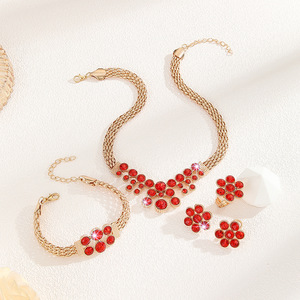 Europe and the United States cross-border <b>hot</b> hollow <b>red</b> rhinestone earrings chain necklace ring jewelry set ladies jewelry set - Product Image 4
