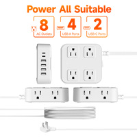 Regleta de Enchufes Multifuncional para el Hogar con 8 Tomas de CA, 4 USB-A, 2 USB-C, Cable Plano de 18AWG y 10A, Cargador de Fábrica