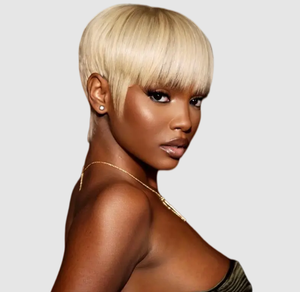 Perruque brésilienne courte coupée, sans colle, en <span class=keywords><strong>cheveux</strong></span> Remy, fabriquée à la machine, avec frange droite, pré-épilée, prête à porter, qualité salon, couleur 1B blond noir, douce - Product Image 1