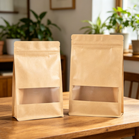 Sachet Doypack en papier kraft avec fenêtre, auto-scellant, à huit soudures latérales, imprimé sur mesure pour l'emballage de noix, de thé et d'aliments