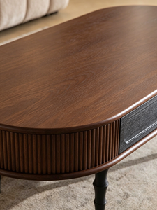 <b>Retro</b> Oval Wooden Coffee <b>Table</b> with Drawer, Fluted Design & Turned Legs for Living Room - Product Image 6