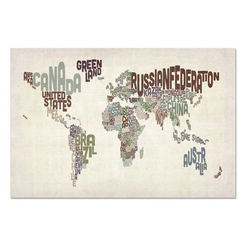 لوحة خريطة العالم للكلمات الانجليزية بتصميمات فخمة مخصصة مطبوعة على القماش