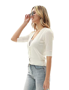 Maglioncino corto a manica corta in poliestere <span class=keywords><strong>viscosa</strong></span> scavato <span class=keywords><strong>Cardigan</strong></span> da donna con scollo a V - Product Image 4