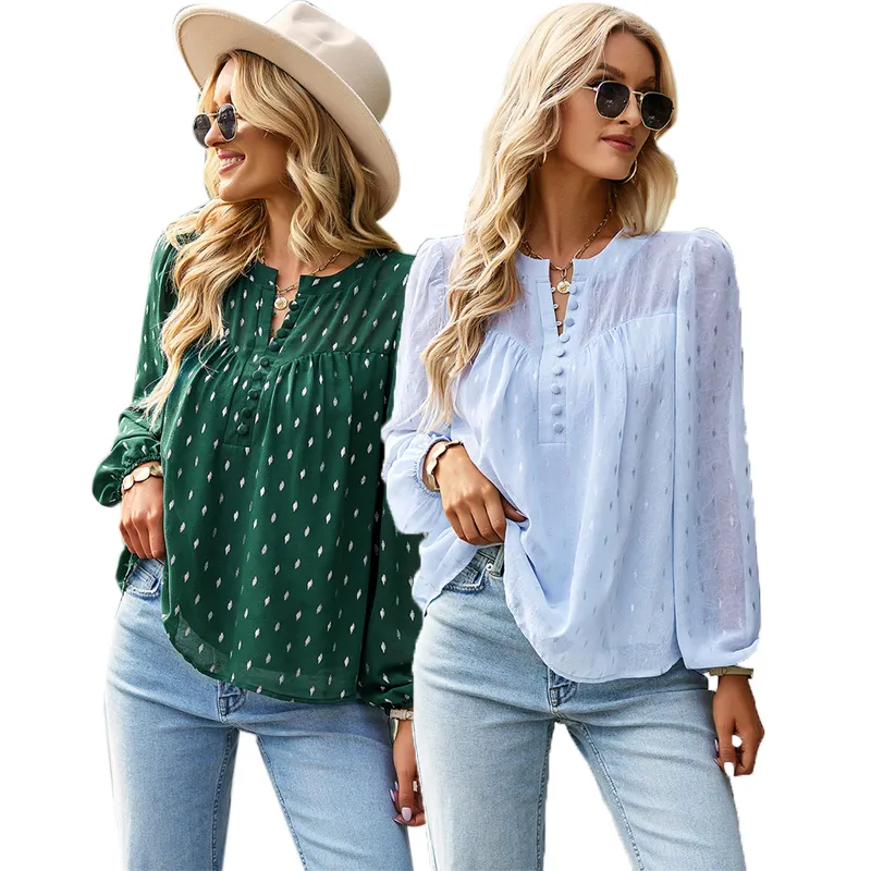 Wholesale womens blouses polka dot print button down loose long sleeve chiffon tops for women