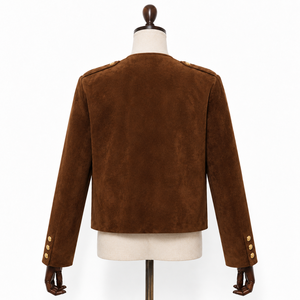 Chaqueta Bluson de Piel de Oveja para Mujer, Color Sólido, Ecológica, Antiarrugas, Auténtica, Marrón, Corta, con Botones Dorados y Bolsillos, de Lujo, para Otoño - Product Image 6