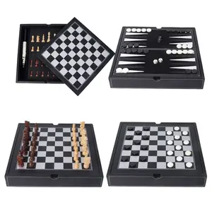 12.5" Premium Leather 3-in-1 Chess Checker And Backgammon Board Game Combo Set Classic Board Strategy Game For Kids Adults