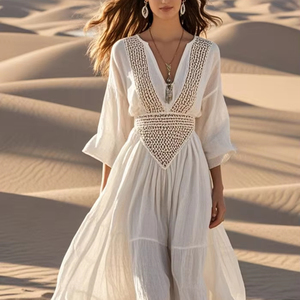 Vestido Maxi de verano elegante de alta calidad para mujer, túnica bordada con manga larga, cubierta de algodón de encaje, Vestido camisero con botones, vestido informal Sexy - Product Image 1