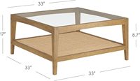 Table basse en bois massif avec plateau en verre et étagère inférieure en rotin, brun clair, meubles de salon