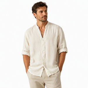 Camicie Casual Personalizzate OEM per Uomo, 100% <span class=keywords><strong>Lino</strong></span>, Colletto alla Coreana, Mezza Manica con Linguetta, <span class=keywords><strong>Camicia</strong></span> Estiva da <span class=keywords><strong>Spiaggia</strong></span> per Uomo - Product Image 2
