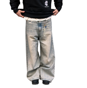 Jean ample déchiré bleu pour homme, 100 % coton, taille mi-haute, style vintage décontracté, coupe ample, streetwear, pantalon baggy tendance - Product Image 1