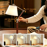 Lampe de table vintage à bras articulé en bois massif, abat-jour en tissu, lampe de chevet réglable pour bureau et chambre à coucher