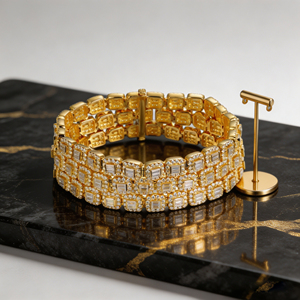 Luxury 10K <b>Solid</b> Gold <b>Bracelet</b> With Baguette Cut Diamonds Geometric Design Channel Setting Unisex Chain Link Jewelry - Product Image 5