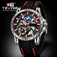 Montre mécanique automatique squelette de luxe TEVISE pour homme, sport, phases de lune, bracelet en silicone ajouré