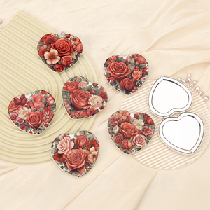 Miroir de poche compact en cuir PU imprimé floral rose rouge vintage, cadre chromé argenté, double face, verre HD, vente en gros - Product Image 1