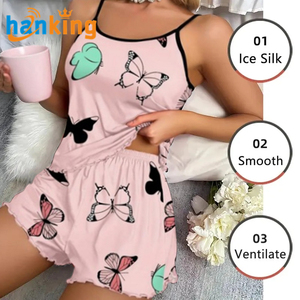 Ehanking Pyjamas en soie glacée à imprimé papillon pour femmes Ensemble de 2 pièces Top camisole à volants Ceinture élastique Short Vêtements de nuit Vêtements de détente - Product Image 3