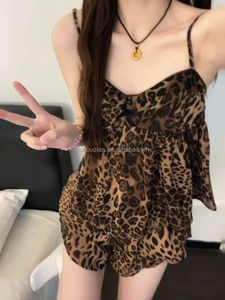 Pigiama da donna con bretelle stile francese <span class=keywords><strong>per</strong></span> l'estate 2026, nuovo design alla moda con stampa leopardata retrò, completo da casa - Product Image 3