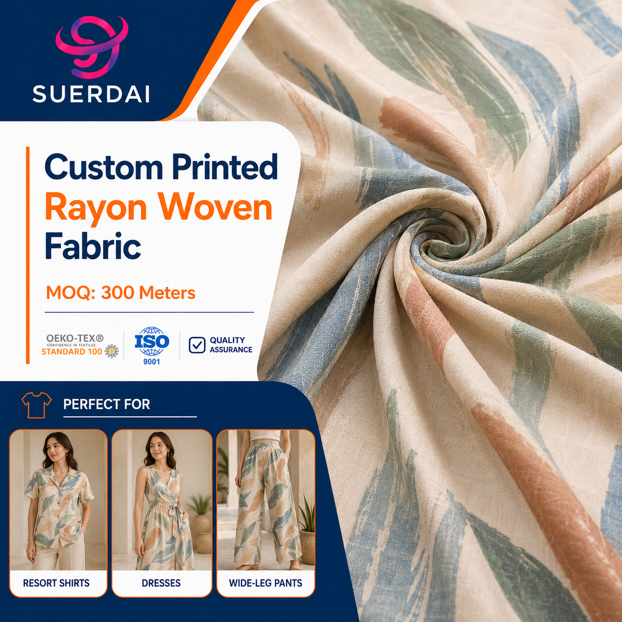 Womenswear Brands Viscose Cotton Rayon Woven Printed Fabric for Women Dress Pants Bulk Dress Orders Resort Shirt Pants by Roll