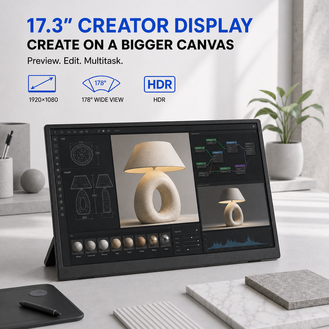 Portable Editing Monitor 17.3 Inch 1920x1080 IPS External Screen with USB C Extend Mode and VESA 75 Mount Gaming Monitor